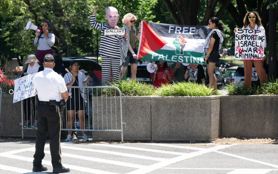 US pro-Palestine protest held outside Israeli defence minister’s Washington hotel